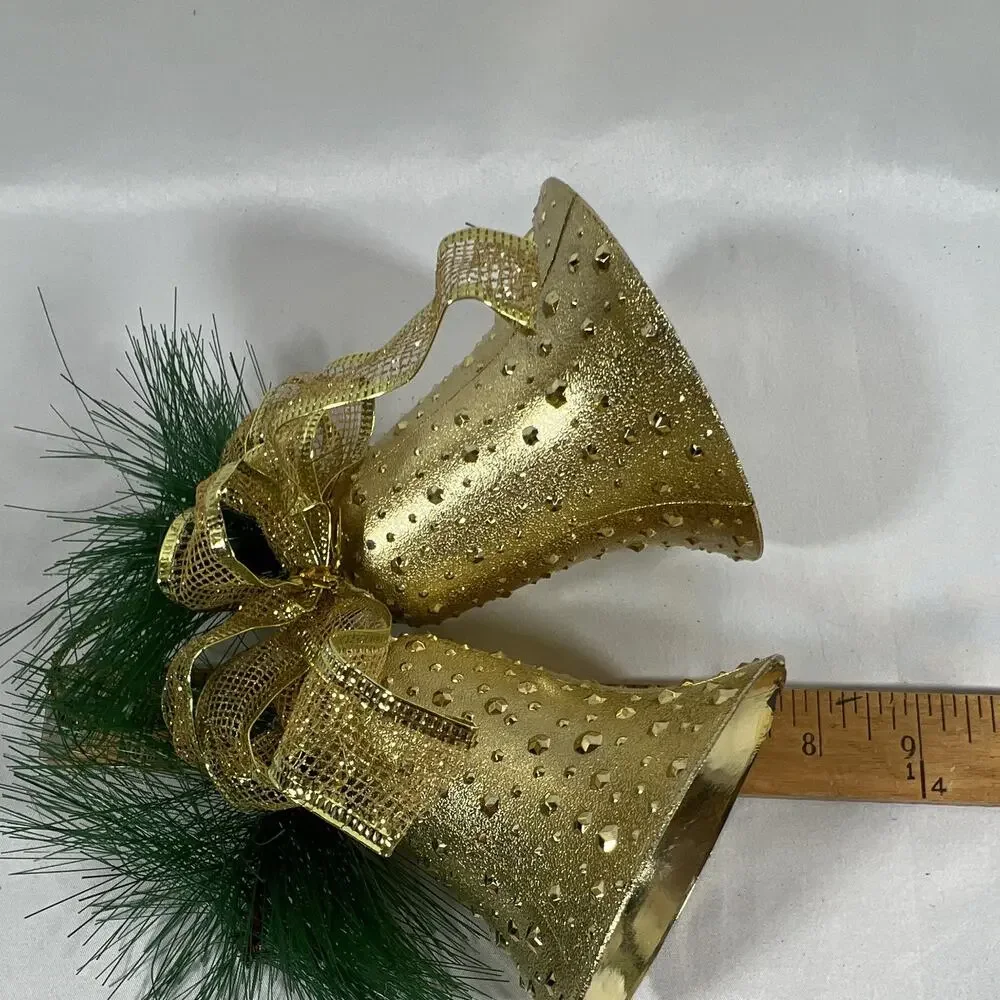 Vintage Gold Double Bumpy Bell Christmas Hanging Bow Pine Needles Greenery